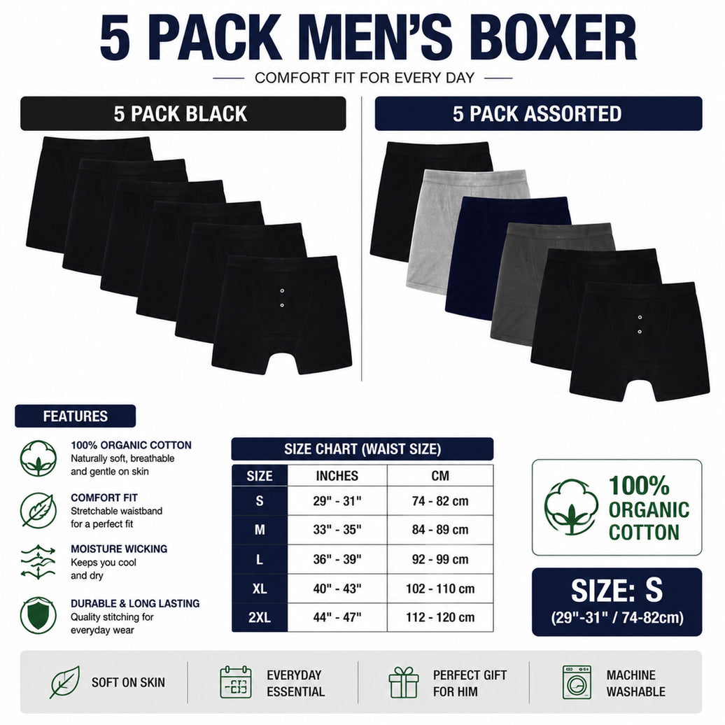 Sock Stack Herren Baumwolle Boxershorts mit Knopfleiste, 5er Pack, atmungsaktiv, dehnbar, für Fitness und Sport