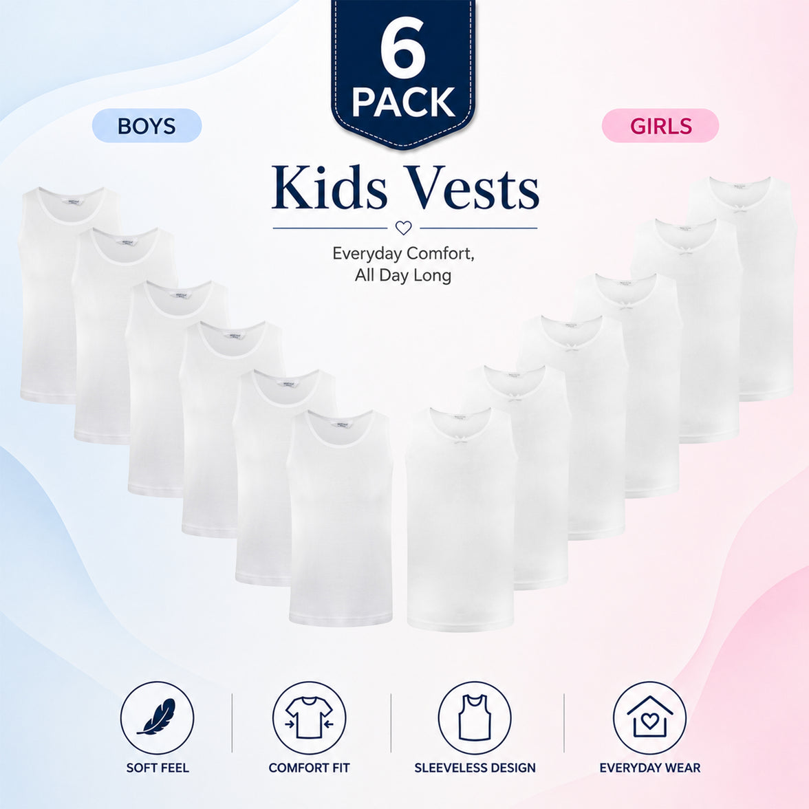 Sock Stack Kinder Baumwoll-Unterhemden Jungen Mädchen 6er-Pack Schulalter 2-13 Jahre
