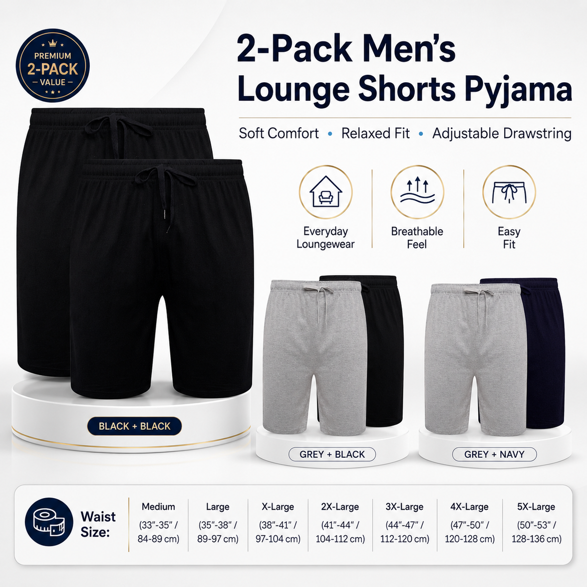 Sock Stack Men's Cotton Lounge Shorts Stretchable 2 Pack Black Navy Grey Durable
