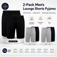 Sock Stack Men's Cotton Lounge Shorts Stretchable 2 Pack Black Navy Grey Durable
