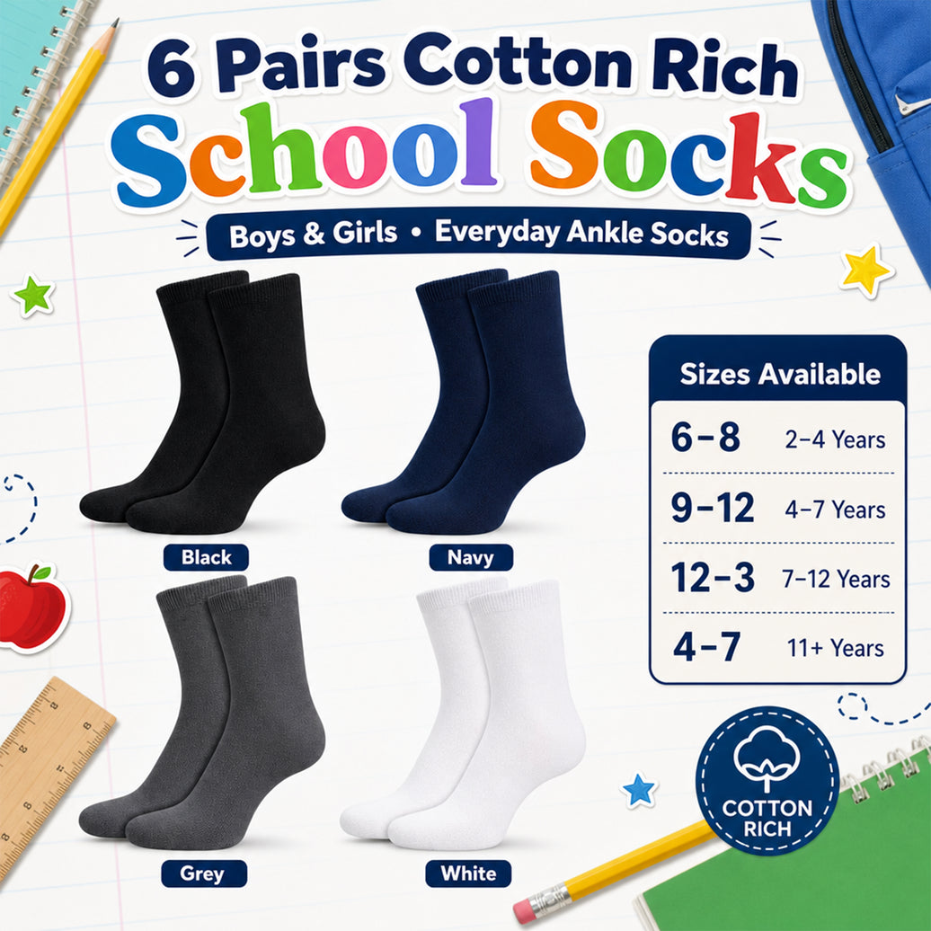 Sock Stack 6双儿童棉质丰富学校袜 踝袜 透气耐用 校服 男女通用