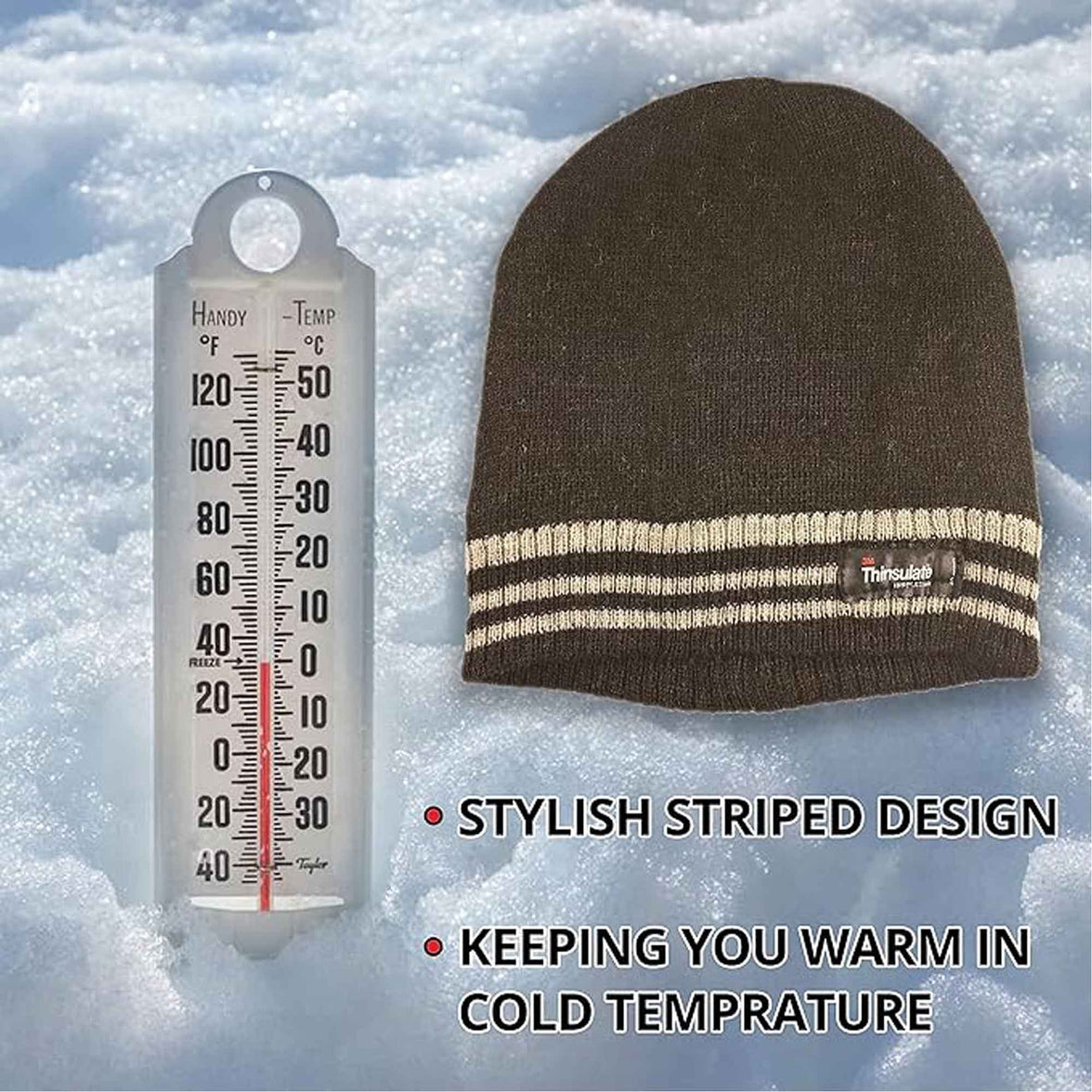 Men's 3M Thinsulate Insulated Fleece Lined Knitted Beanie Hat with Striped Design for Skiing Hiking Camping by Sock Stack Hats