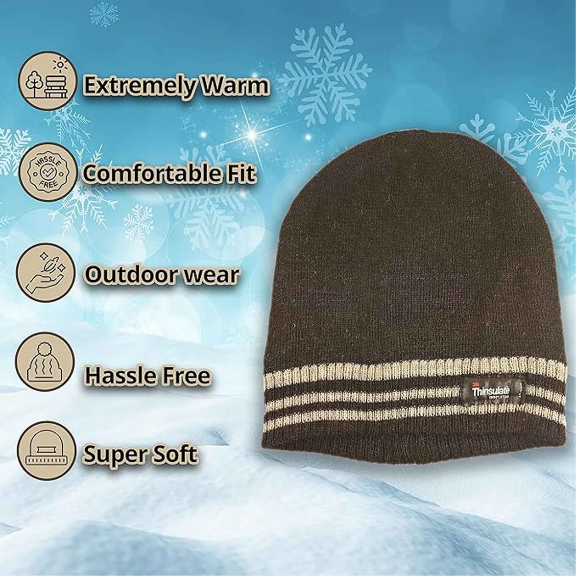 Men's 3M Thinsulate Insulated Fleece Lined Knitted Beanie Hat with Striped Design for Skiing Hiking Camping by Sock Stack Hats