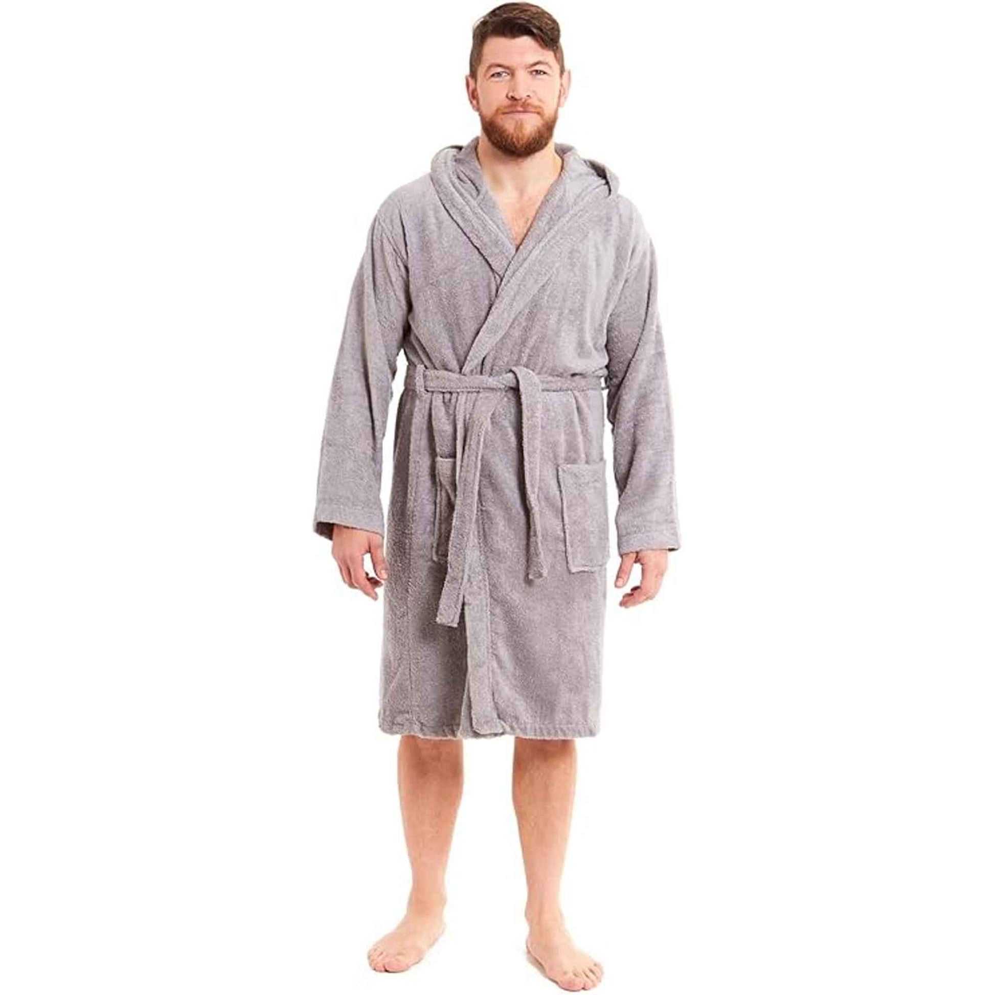 Men's Bamboo Hooded Bath Robe Ultra Absorbent Towelling Dressing Gown for Hotels Gyms Spas with Soft Breathable Cotton Blend Quick Dry Grey White by Sock Stack Robe