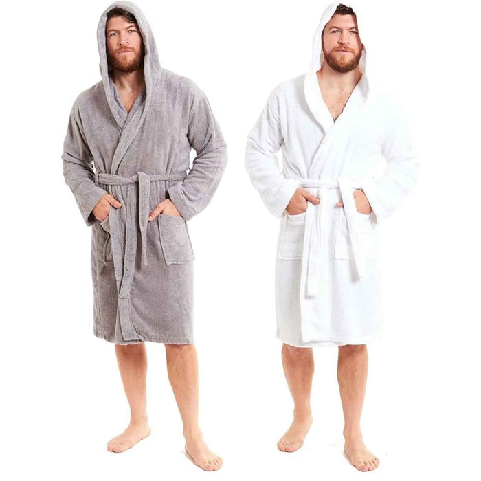 Men's Bamboo Hooded Bath Robe Ultra Absorbent Towelling Dressing Gown for Hotels Gyms Spas with Soft Breathable Cotton Blend Quick Dry Grey White by Sock Stack WHITE / L-XL Robe