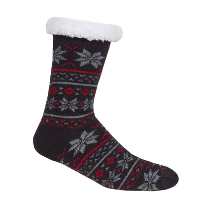 Men's Chunky Winter Lounge Slipper Socks with Non-Slip Grips Ultra-Soft Sherpa Flannel Fleece Lining Cozy Home Wear Sizes 39-46 by Sock Stack BLACK FAIR ISLE / 6-11 Socks