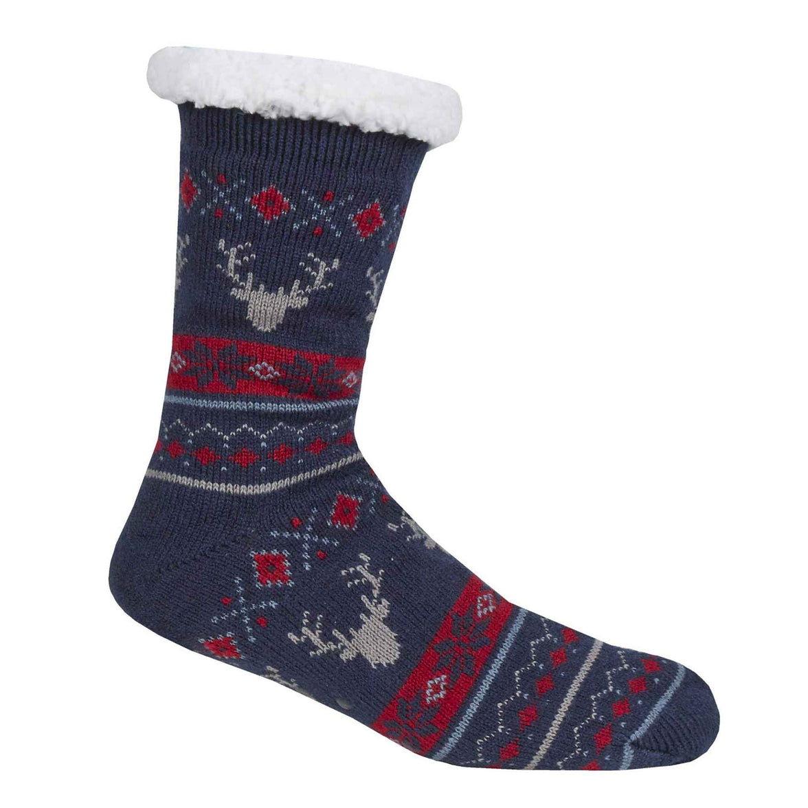 Men's Chunky Winter Lounge Slipper Socks with Non-Slip Grips Ultra-Soft Sherpa Flannel Fleece Lining Cozy Home Wear Sizes 39-46 by Sock Stack NAVY FAIR ISLE / 6-11 Socks