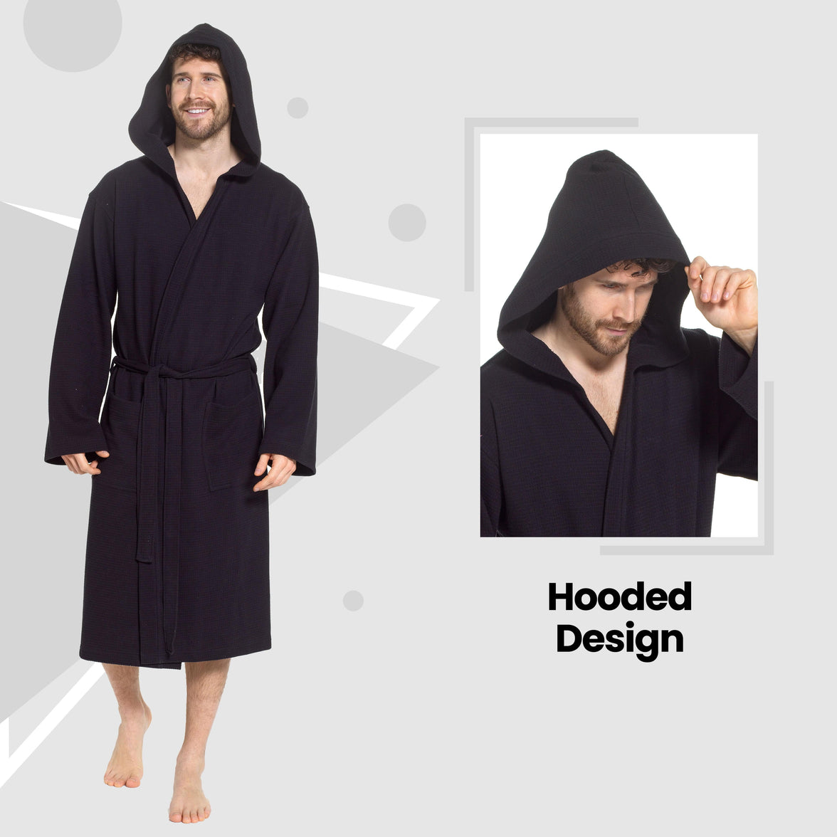 Men’s Hooded Waffle Cotton Bathrobe Black Super Absorbent Spa Robe Luxury Dressing Gown for Home & Loungewear by Sock Stack Bathrobe