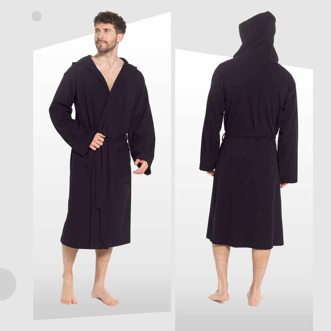 Men’s Hooded Waffle Cotton Bathrobe Black Super Absorbent Spa Robe Luxury Dressing Gown for Home & Loungewear by Sock Stack Bathrobe