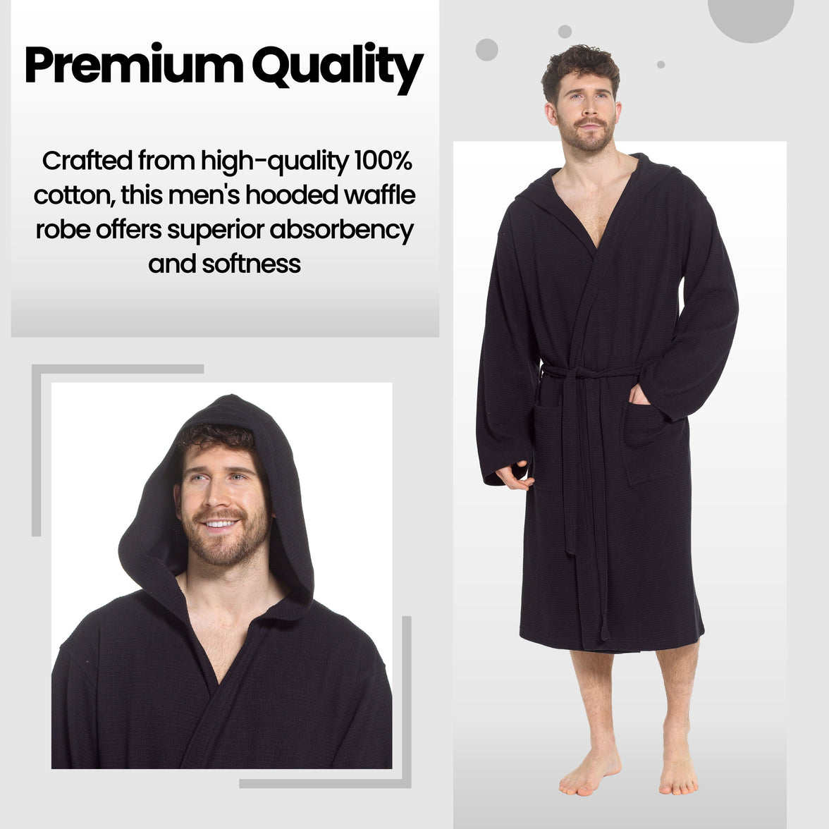 Men’s Hooded Waffle Cotton Bathrobe Black Super Absorbent Spa Robe Luxury Dressing Gown for Home & Loungewear by Sock Stack Bathrobe