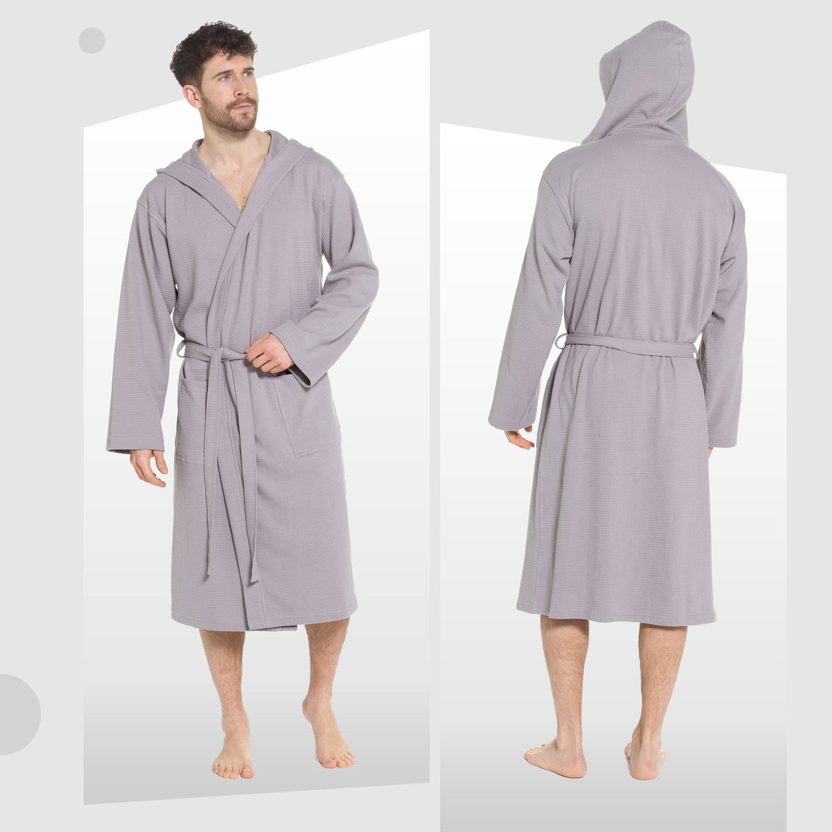 Men’s Hooded Waffle Cotton Bathrobe Grey Super Absorbent Spa Robe Luxury Dressing Gown for Home & Loungewear by Sock Stack Bathrobe