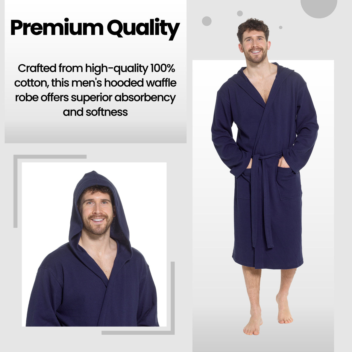 Men’s Hooded Waffle Cotton Bathrobe Navy Super Absorbent Spa Robe Luxury Dressing Gown for Home & Loungewear by Sock Stack Bathrobe