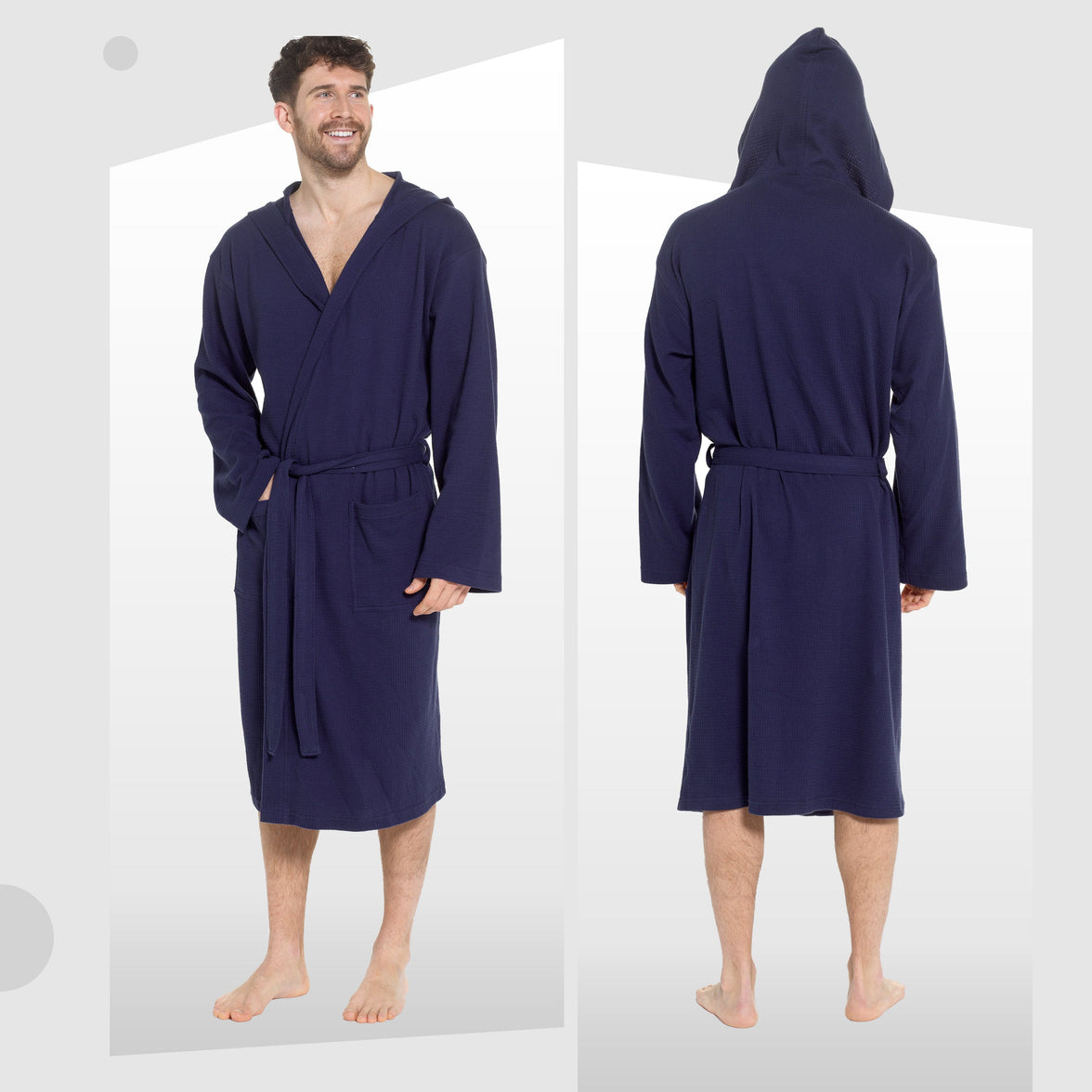 Men’s Hooded Waffle Cotton Bathrobe Navy Super Absorbent Spa Robe Luxury Dressing Gown for Home & Loungewear by Sock Stack Bathrobe