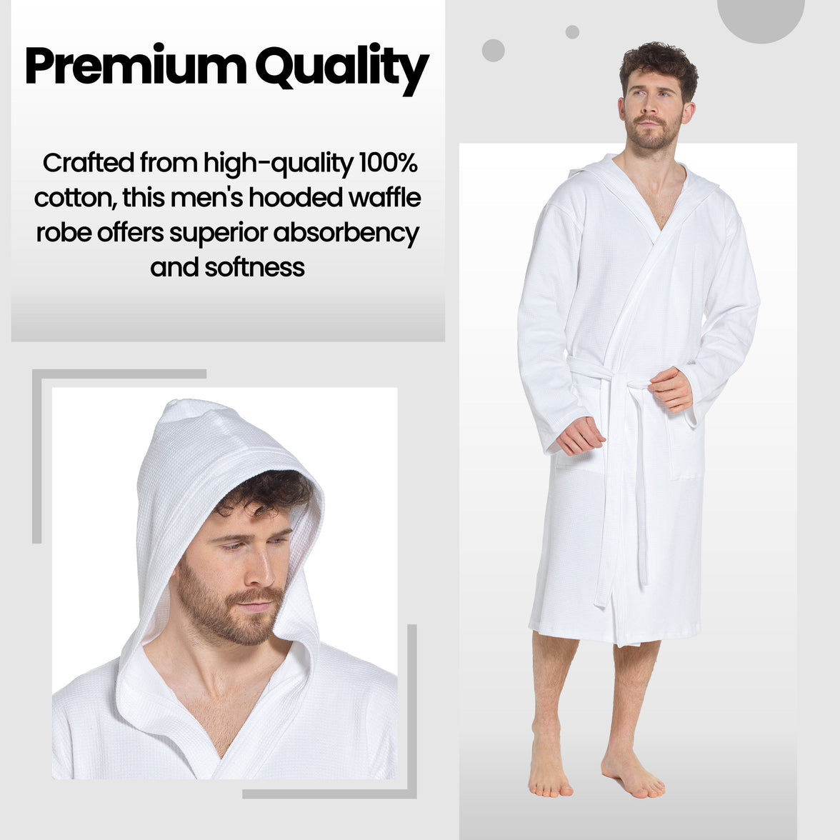 Men’s Hooded Waffle Cotton Bathrobe White Super Absorbent Spa Robe Luxury Dressing Gown for Home & Loungewear by Sock Stack Bathrobe