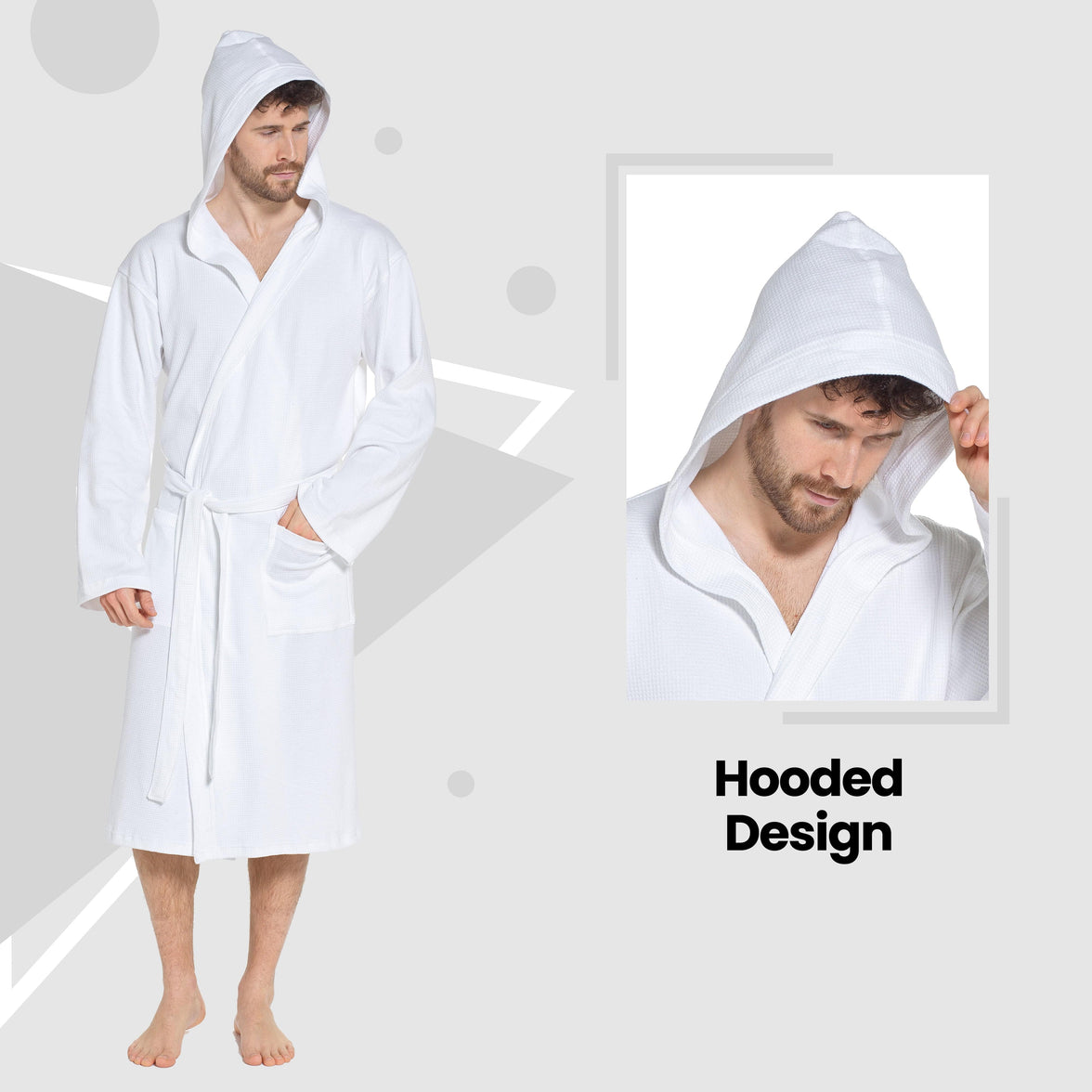 Men’s Hooded Waffle Cotton Bathrobe White Super Absorbent Spa Robe Luxury Dressing Gown for Home & Loungewear by Sock Stack Bathrobe