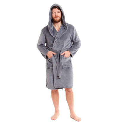 Men's Ultra-Soft Hooded Flannel Fleece Bathrobe Warm Plush Dressing Gown for Home Spa Gym Hotel by Daisy Dreamer MEDIUM / GREY Robe