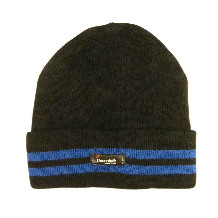 Men's Winter Thinsulate Insulation Fleece Knitted Beanie Hat Stripe Warm Lightweight Breathable Quick Drying for Outdoor Activities Hiking Camping Skiing by Sock Stack BLACK/BLUE Hats