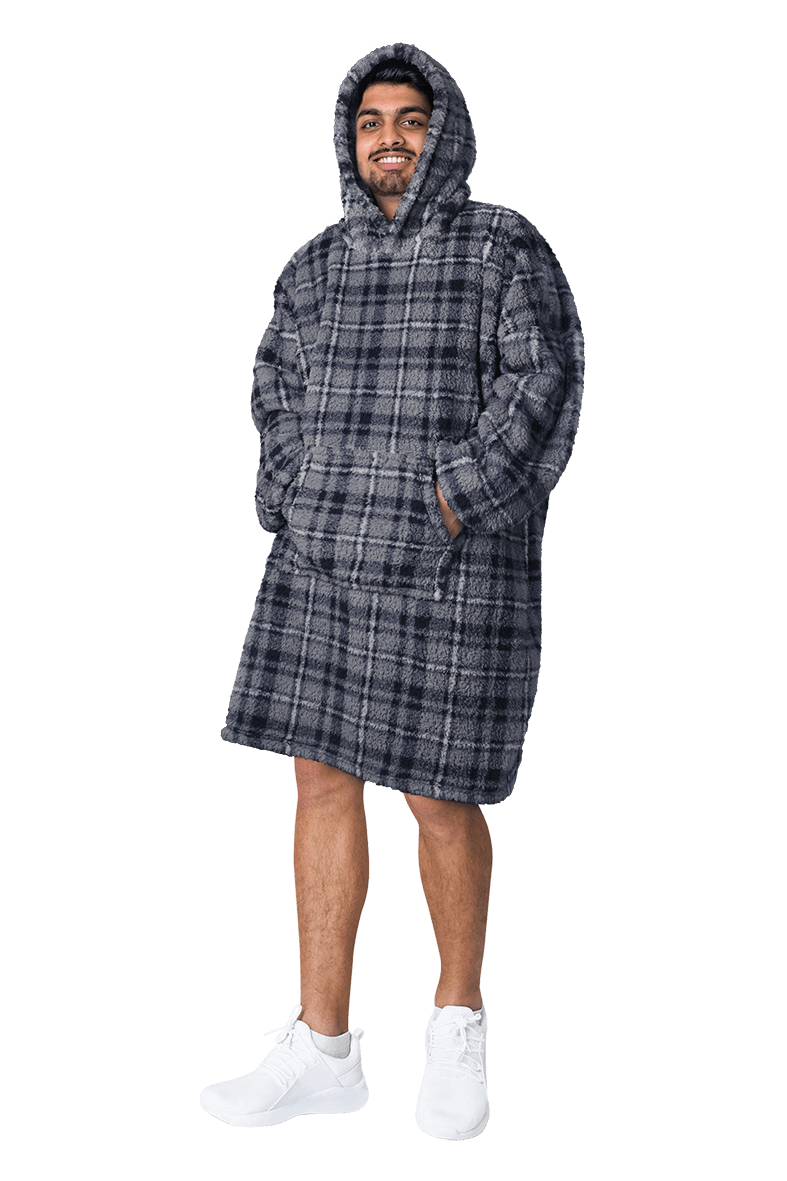 Men's Hooded Oversized Blanket, Giant Hoodie With Sherpa Lining. Buy now for £18.00. A Hooded Blanket by Sock Stack. black, blue, check, grey, Grey check, hooded, hooded blanket, hoodie, large, loungewear, man, medium, mens, natural, navy, nightwear, over