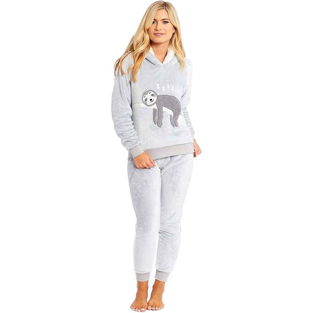 Mother Daughter Matching Sloth Hooded Fleece Pyjamas Plush Flannel Twosie Loungewear with Sherpa Lining Multiple Sizes Cozy Embroidered Sloth Design by Daisy Dreamer Pyjamas