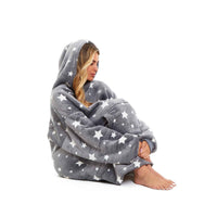 Oversized Grey Stars Hooded Blanket Ultra Soft Sherpa Fur Lining Plush Flannel Loungewear One Size Fits All for Adults and Kids by Daisy Dreamer Hooded Blanket
