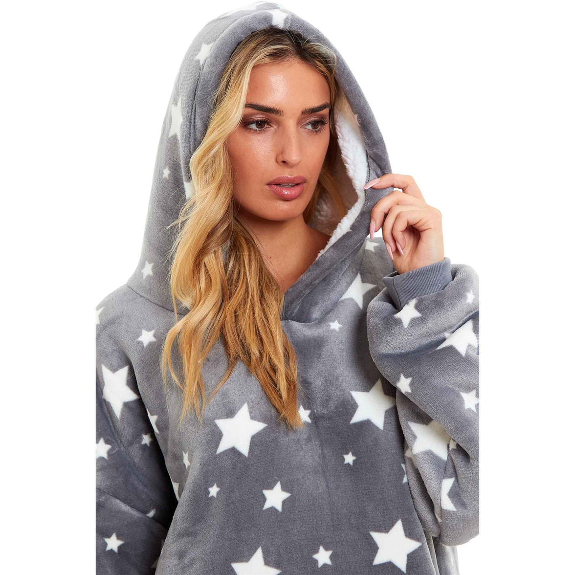 Oversized Grey Stars Hooded Blanket Ultra Soft Sherpa Fur Lining Plush Flannel Loungewear One Size Fits All for Adults and Kids by Daisy Dreamer Hooded Blanket