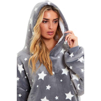 Oversized Grey Stars Hooded Blanket Ultra Soft Sherpa Fur Lining Plush Flannel Loungewear One Size Fits All for Adults and Kids by Daisy Dreamer Hooded Blanket
