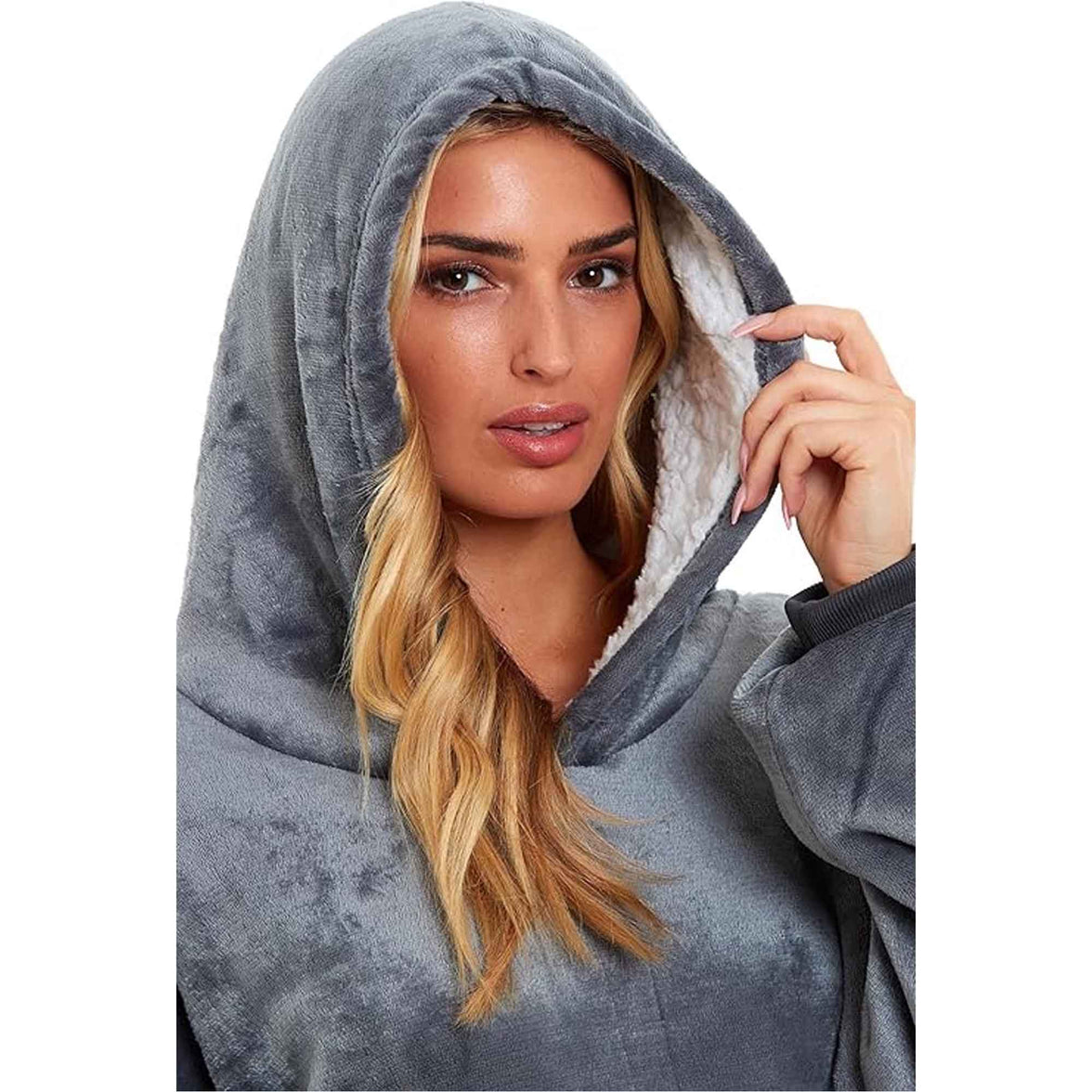 Oversized Hooded Blanket Sweatshirt Plush Sherpa Fur Grey Pink Giant Hoodie for Adults and Kids with Elastic Cuffs and Pocket by Daisy Dreamer Hooded Blanket
