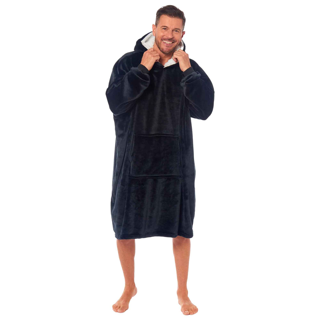 Oversized Men's Hooded Blanket Sweatshirt with Sherpa Lining Plush Wearable Hoodie for Lounging Camping One Size Fits All by Daisy Dreamer BLACK Hooded Blanket