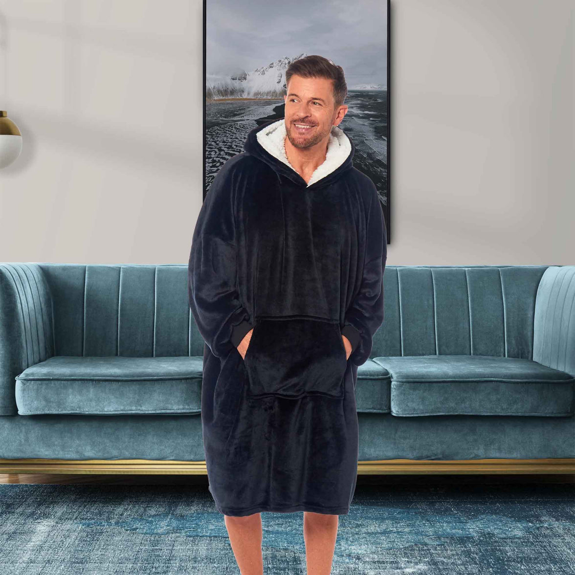 Oversized Men's Hooded Blanket Sweatshirt with Sherpa Lining Plush Wearable Hoodie for Lounging Camping One Size Fits All by Daisy Dreamer Hooded Blanket