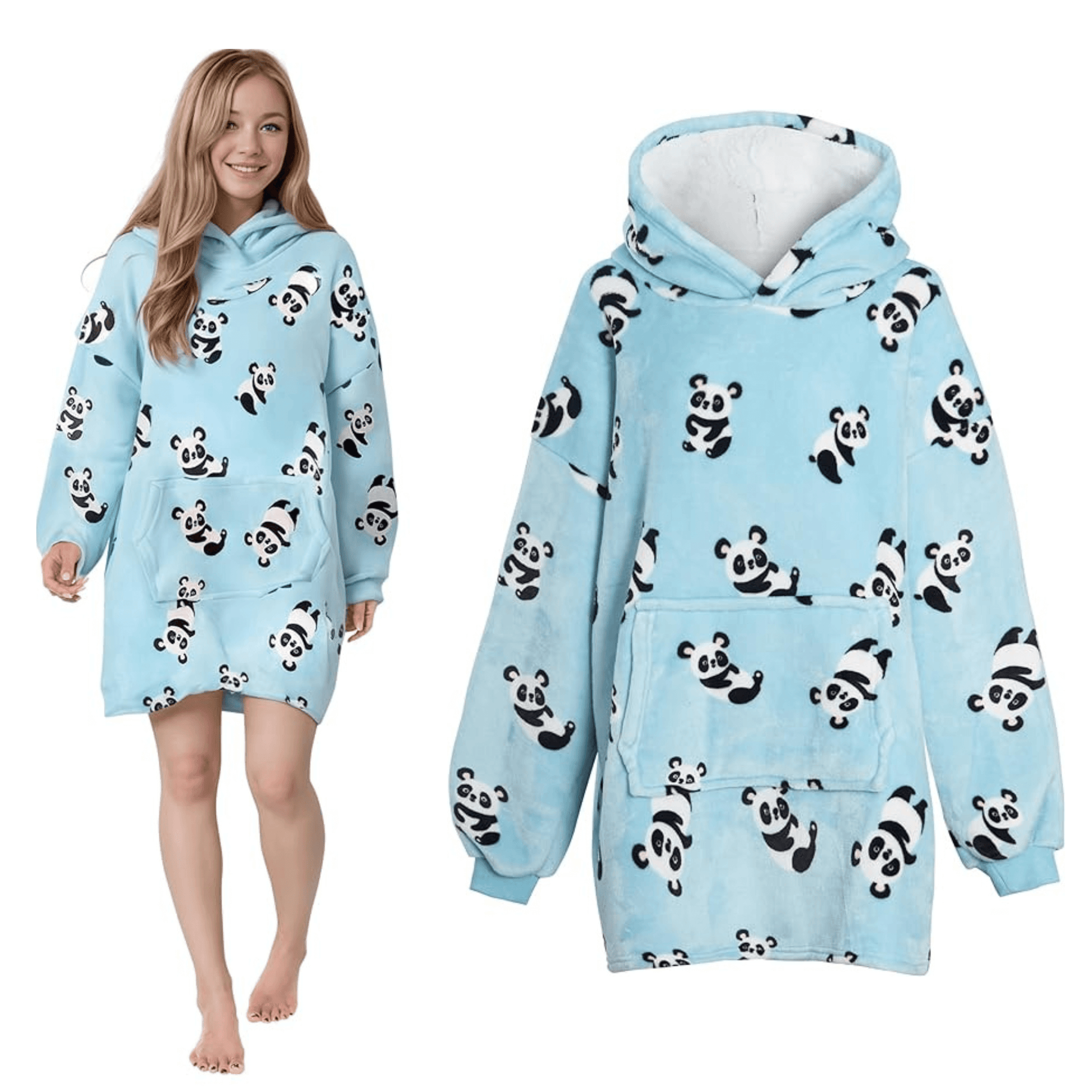 Oversized Panda Hooded Plush Fleece Blanket with Sherpa Lining