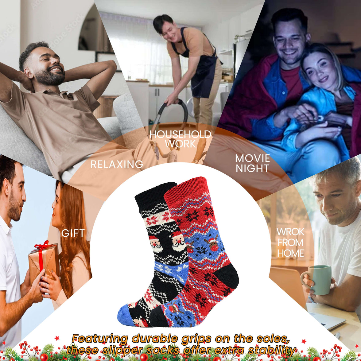 Pack of 2 Men's Festive Xmas Chunky Knit Slipper Socks with Grips Thick Warm Non-Slip Indoor Bed Socks Gift by Sock Stack UK 6-11 / CHRISTMAS Socks