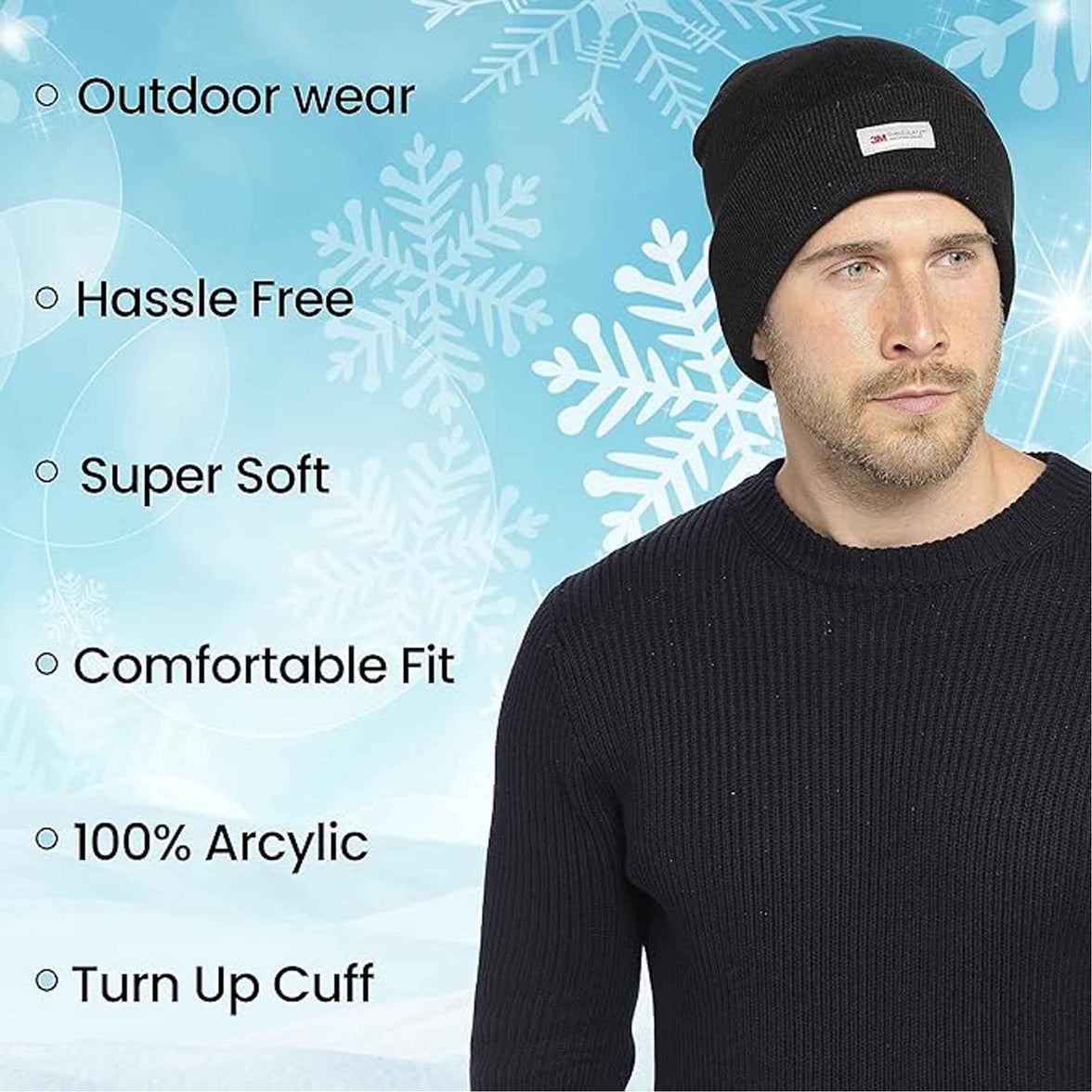 Pack of 2 Mens Winter Ski Beanie Hats with 3M Thinsulate Thermal Lining for Skiing Snowboarding Outdoor Activities Warm Breathable Moisture-Wicking Knit Caps by Sock Stack BLACK Hats