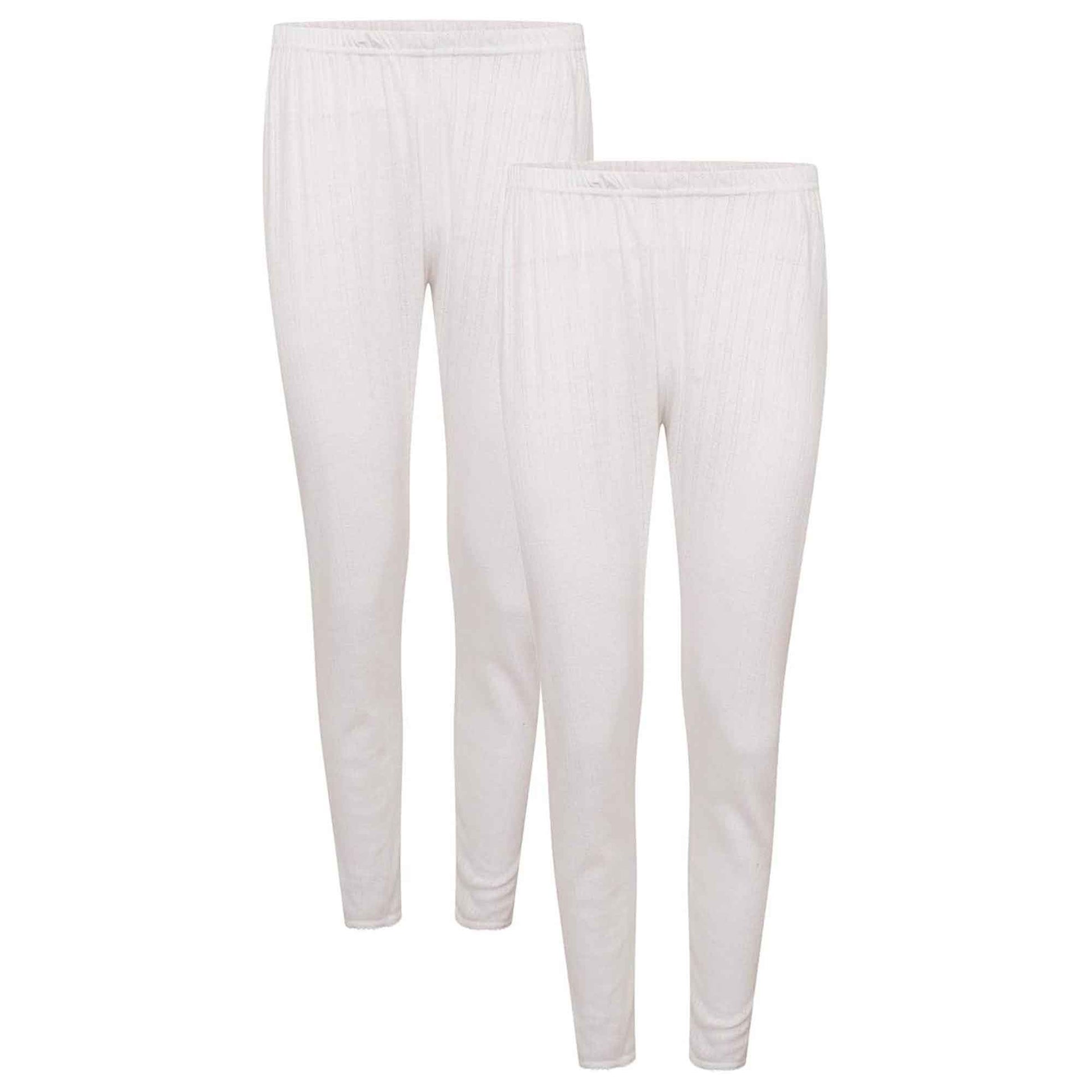 Pack of 2 Womens Thermal Pants Advanced Insulating Yarn Cotton Rich Ribbed Comfort Fit for Running Hiking Workwear in White Grey Black by Heatwave Thermalwear WHITE / 10-12 Thermal Underwear