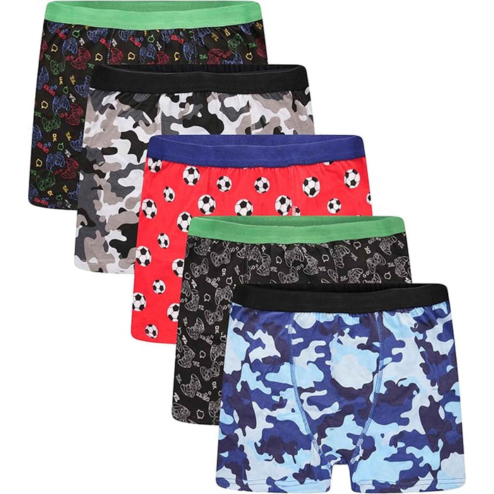 Pack of 5 Boys Boxer Shorts Cotton Rich Football Army Gamer Designs Elastic Waistband Comfortable Underwear for Active Kids by Sock Stack 5-6 YRS / ASSORTED Boxer Shorts