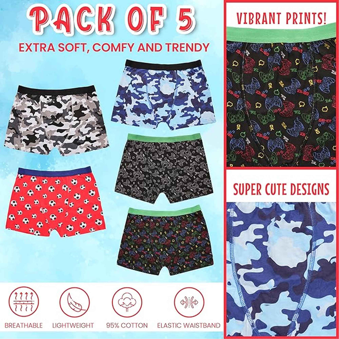 Pack of 5 Boys Boxer Shorts Cotton Rich Football Army Gamer Designs Elastic Waistband Comfortable Underwear for Active Kids by Sock Stack Boxer Shorts