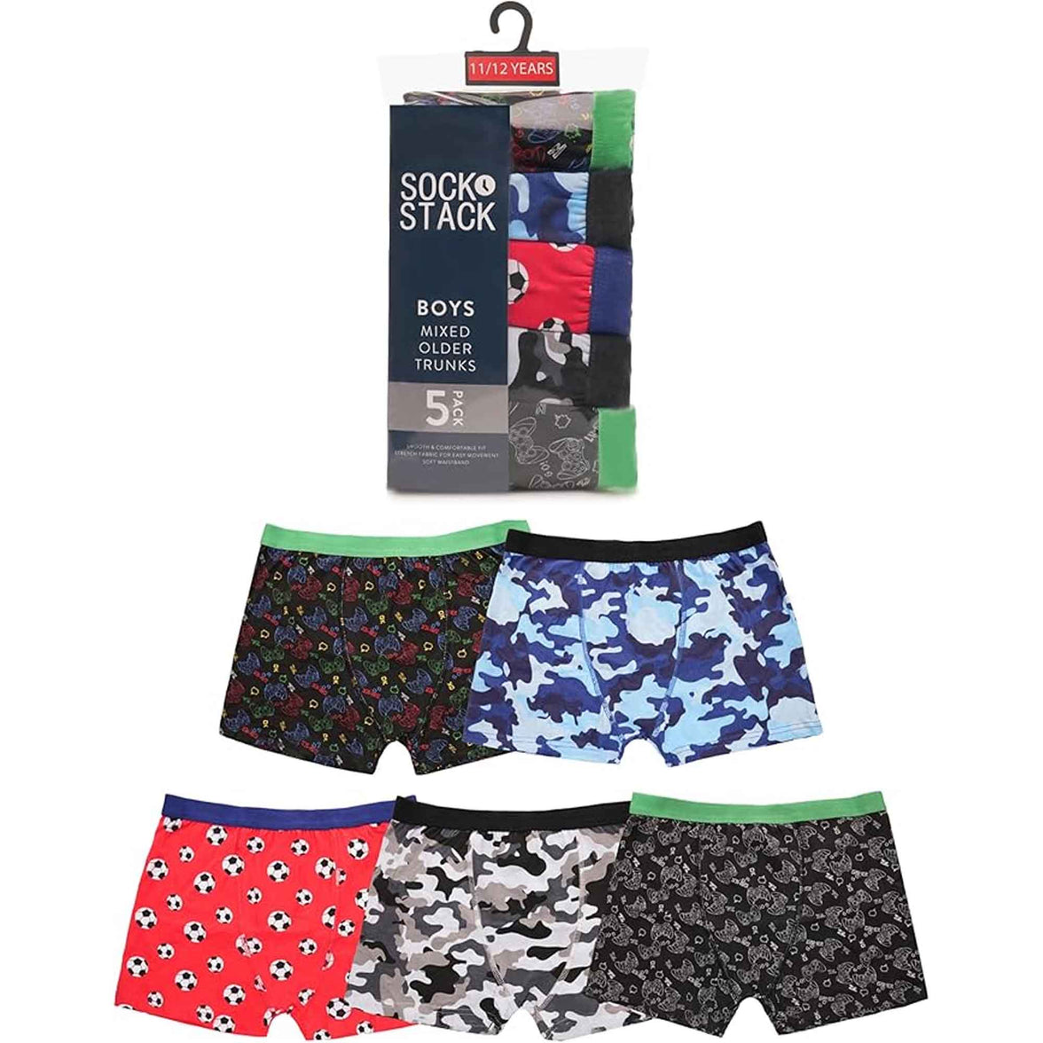 Pack of 5 Boys Boxer Shorts Cotton Rich Football Army Gamer Designs Elastic Waistband Comfortable Underwear for Active Kids by Sock Stack Boxer Shorts