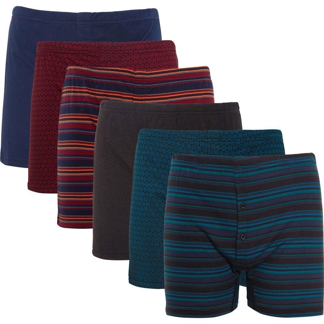 Pack of 6 Men’s Boxer Shorts Classic Fit Jersey Underwear with Printed Design Button Fly & Elastic Waistband by Sock Stack SMALL / ASSORTED Boxer Shorts