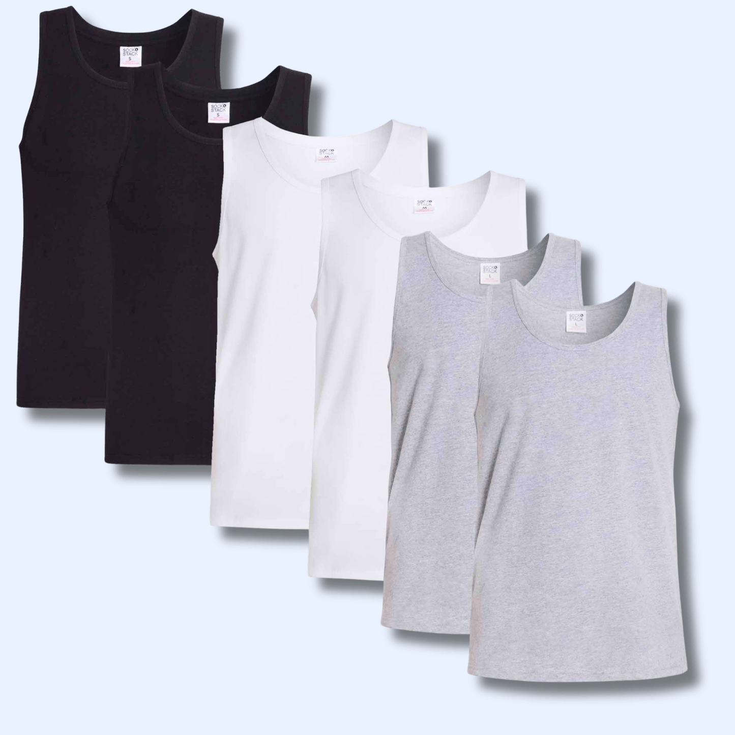 Pack of 6 Men's Cotton Blend Gym Muscle Vests Fitted Lightweight Comfortable Breathable Summer Wear Sizes S to XXL Available in Black Grey Navy White by Sock Stack 2 x BLACK/ 2 x WHITE/ 2 x GREY / S Vests