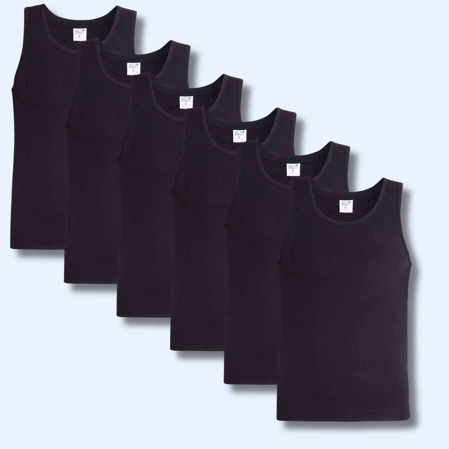 Pack of 6 Men's Cotton Blend Gym Muscle Vests Fitted Lightweight Comfortable Breathable Summer Wear Sizes S to XXL Available in Black Grey Navy White by Sock Stack 6 x BLACK / S Vests