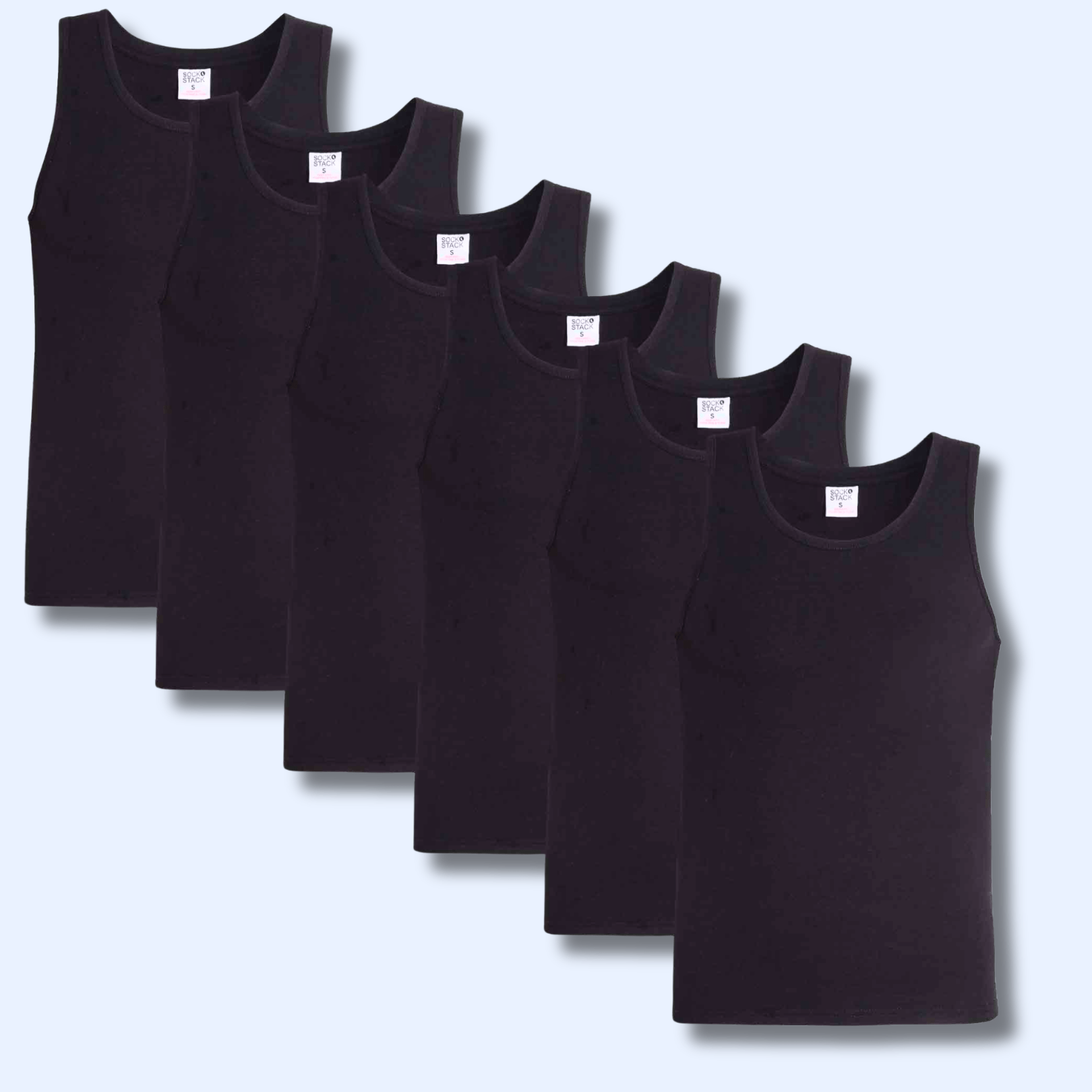 Pack of 6 Men's Cotton Blend Gym Muscle Vests Fitted Lightweight Comfortable Breathable Summer Wear Sizes S to XXL Available in Black Grey Navy White by Sock Stack 6 x BLACK / S Vests
