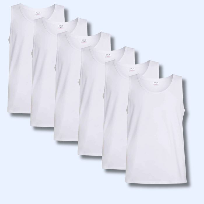 Pack of 6 Men's Cotton Blend Gym Muscle Vests Fitted Lightweight Comfortable Breathable Summer Wear Sizes S to XXL Available in Black Grey Navy White by Sock Stack 6 x WHITE / S Vests