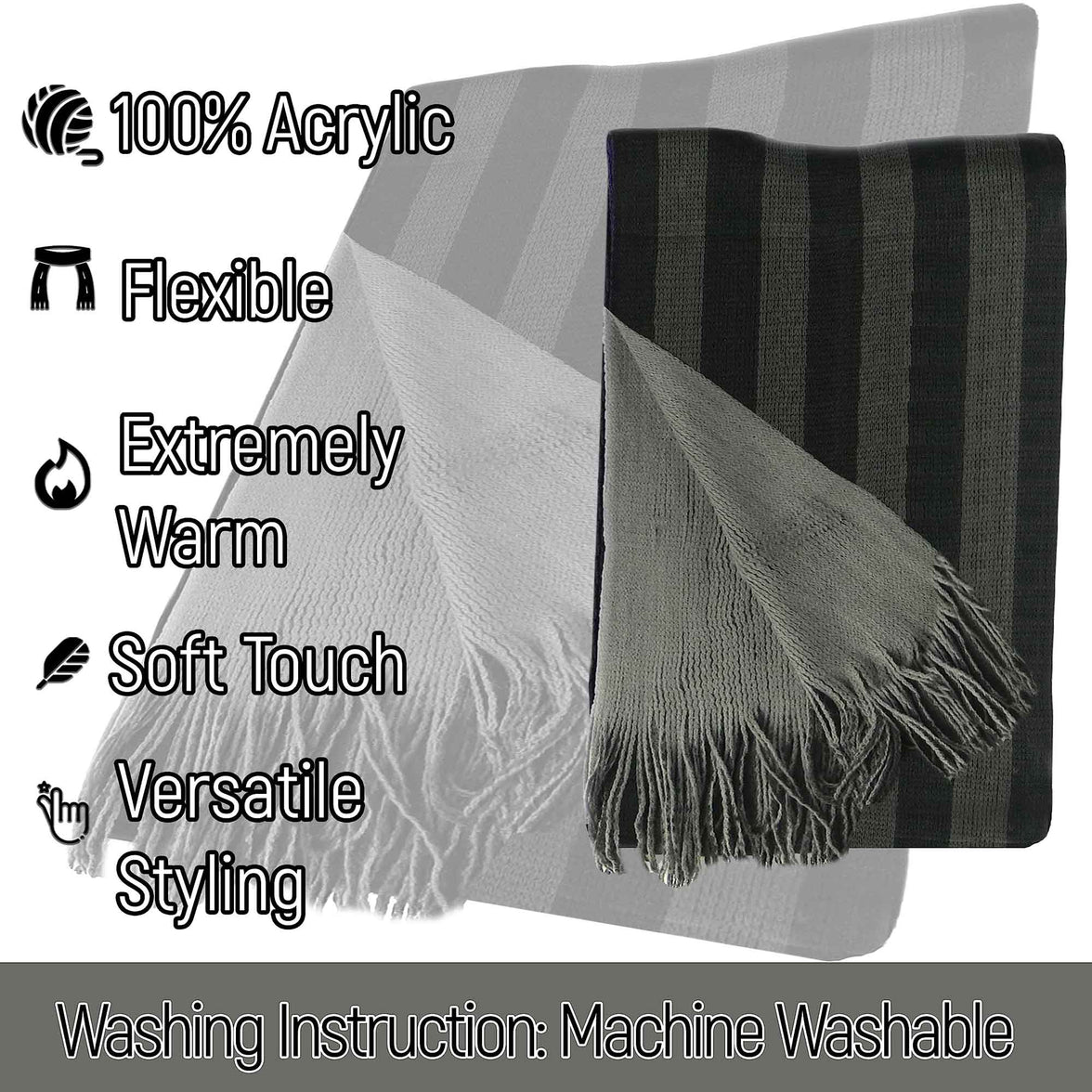 Reversible Stripe Design Men's Scarves Soft Woven Acrylic Fabric Winter Accessory Stylish for Casual and Formal Outfits 3 Colour Options Sock Stack Scarves