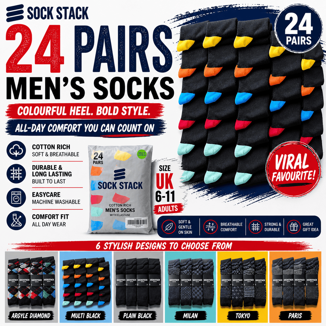 Sock Stack 24 Pairs Men's Cotton Colourful Heel Toe Black Argyle Diamond Easycare Comfortable Durable Shoe Socks For Work School Business Wear UK 6-11 Socks