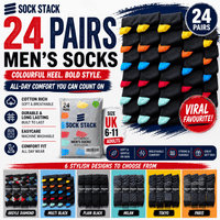 Sock Stack 24 Pairs Men's Cotton Colourful Heel Toe Black Argyle Diamond Easycare Comfortable Durable Shoe Socks For Work School Business Wear UK 6-11 Socks