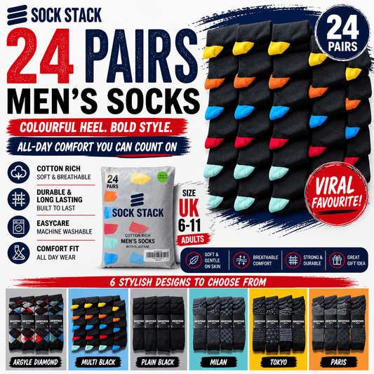 Sock Stack 24 Pairs Men's Cotton Colourful Heel Toe Black Argyle Diamond Easycare Comfortable Durable Shoe Socks For Work School Business Wear UK 6-11 Socks