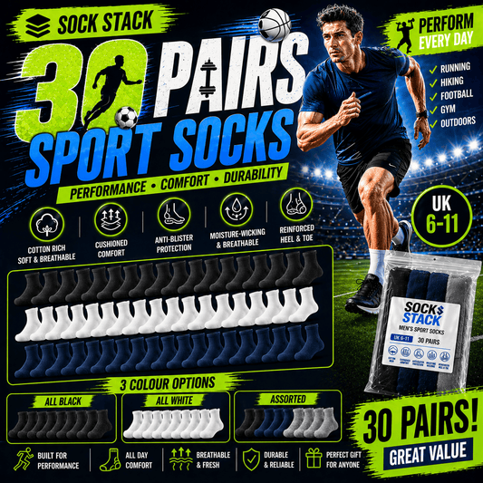 Sock Stack 30 Pairs Mens Cotton Rich Performance Sport Socks UK 6-11 Black Grey White Cushioned Anti-Blister Moisture-Wicking Breathable Socks