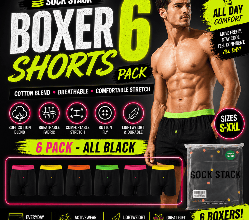 Sock Stack 6 Pack Black Cotton Blend Boxer Shorts Mens Breathable ...