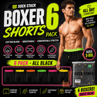 Sock Stack 6 Pack Black Cotton Blend Boxer Shorts Mens Breathable Stretch Colorful Waistband Button Fly MB08 Durable Lightweight Activewear Boxer Shorts