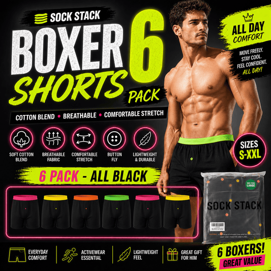 Sock Stack 6 Pack Black Cotton Blend Boxer Shorts Mens Breathable Stretch Colorful Waistband Button Fly MB08 Durable Lightweight Activewear Boxer Shorts