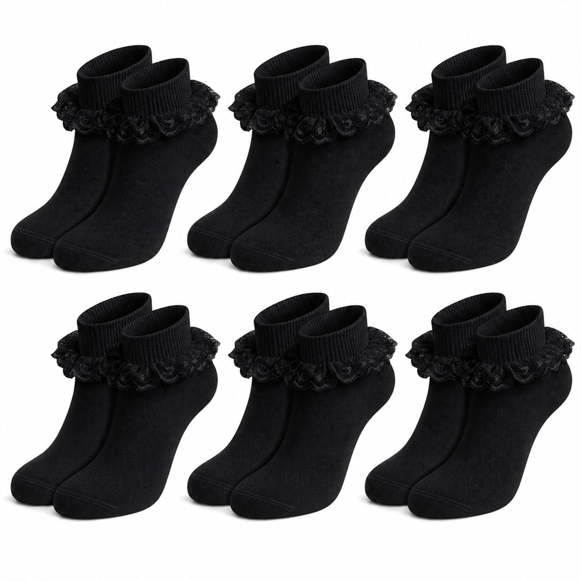 Sock Stack 6 Pairs Black Girls Tutu Frilly Ankle Socks With Lace And Bow Super Soft Wedding Christening Socks For Dress Up And Everyday Wear 1-2 YRS / BLACK Socks